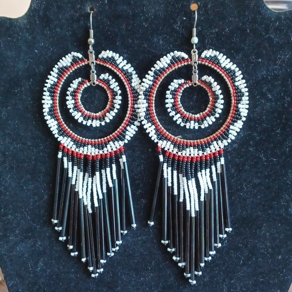 Hand-made earrings, Native design red, black & white